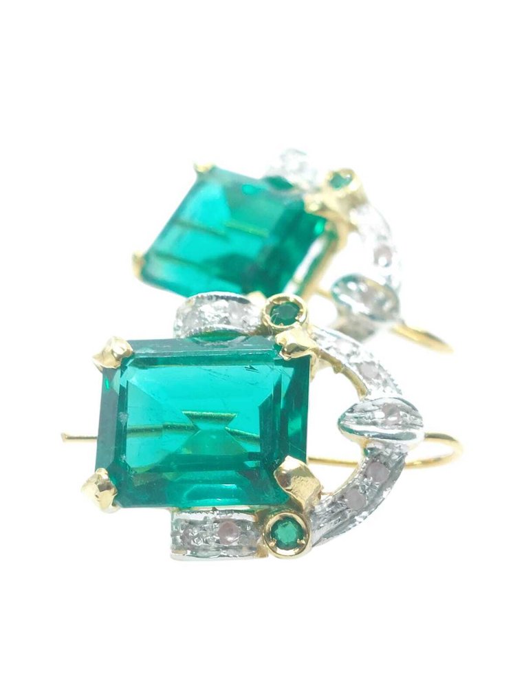 Nincs minimálár - Drop fülbevaló - 9 Kt Ezüst, Sárga arany Smaragd - Vegyes drágakövek #2.1