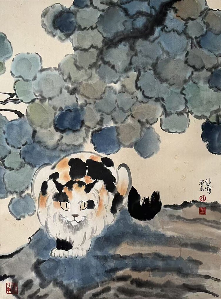 INK AND COLOR ON PAPER PAINTING"CAT"《猫石图》 - Attributed to - Kina #1.0