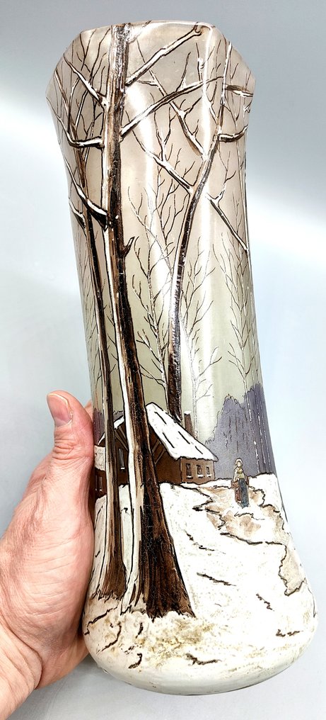 LEGRAS (1839-1916) - Vas - Vas rar și splendid, cu decor emailat, reprezentând un peisaj lacustru înzăpezit, de dimensiuni mari - Vas suflat în gură #1.0