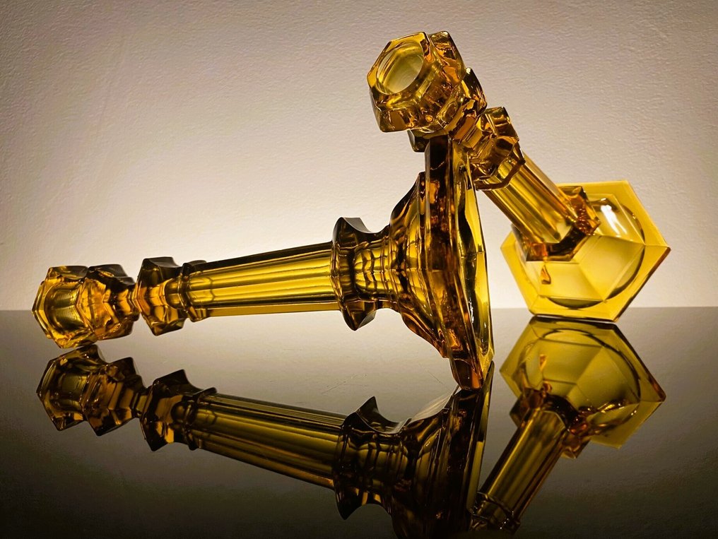 Val Saint Lambert - Taperstick - 'Côtes Plates' model - Amber color - 1935 catalog! (2) - Molded glass #3.2