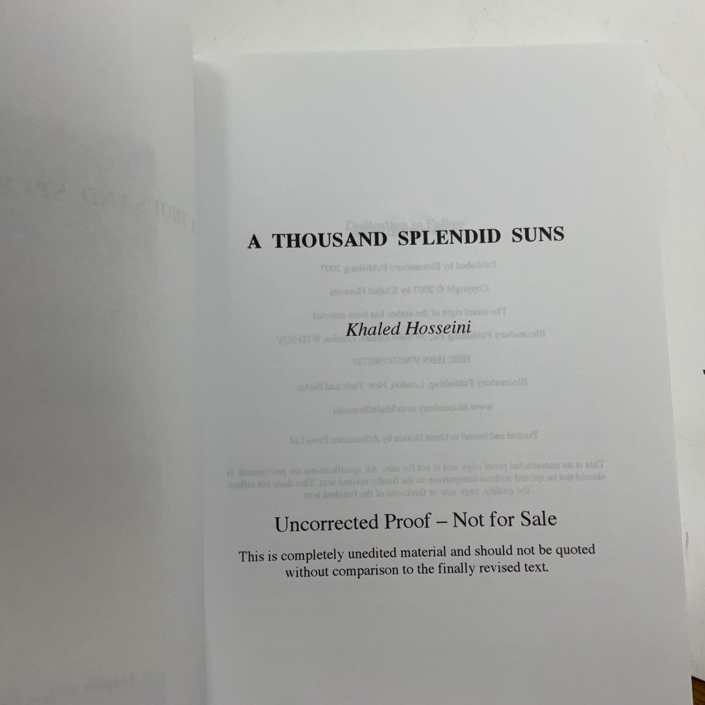 Khaled Hosseini - A Thousand Splendid Suns (limited Uncorrected Proof copy no 410) - 2007 #2.1