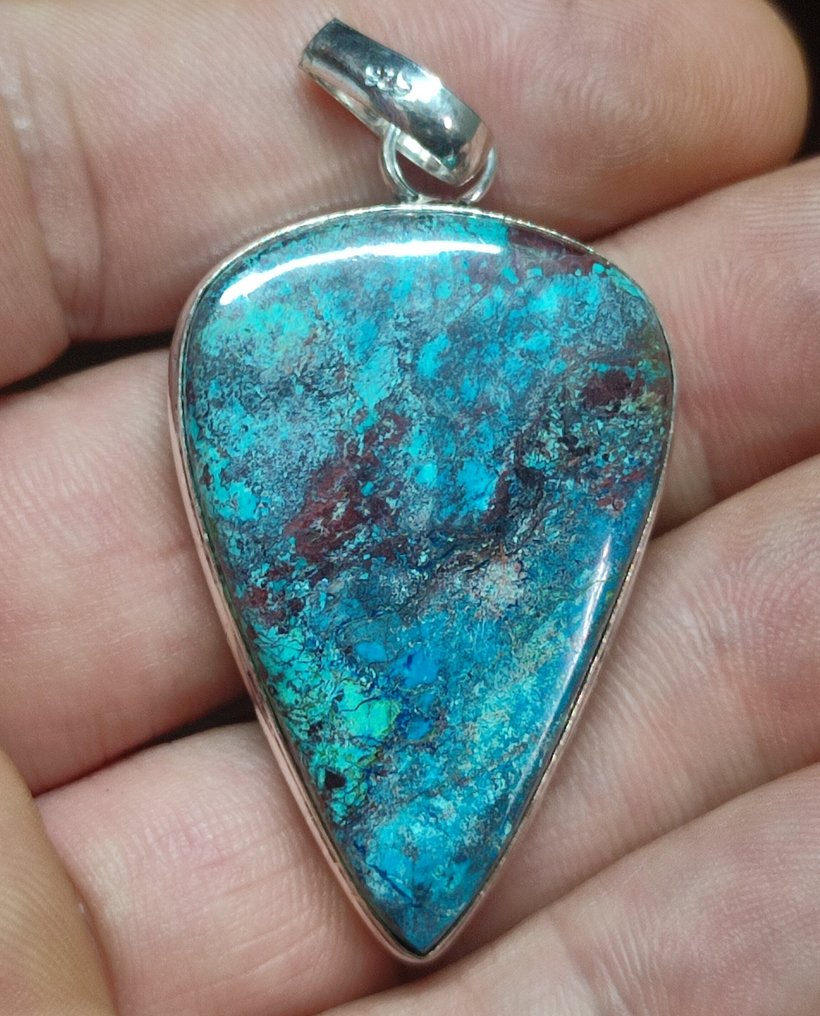 Pendente in argento 925 fatto a mano, molto raro, con vetro di Van Gogh, chrysocolla e azurite, - Ciondolo #3.2