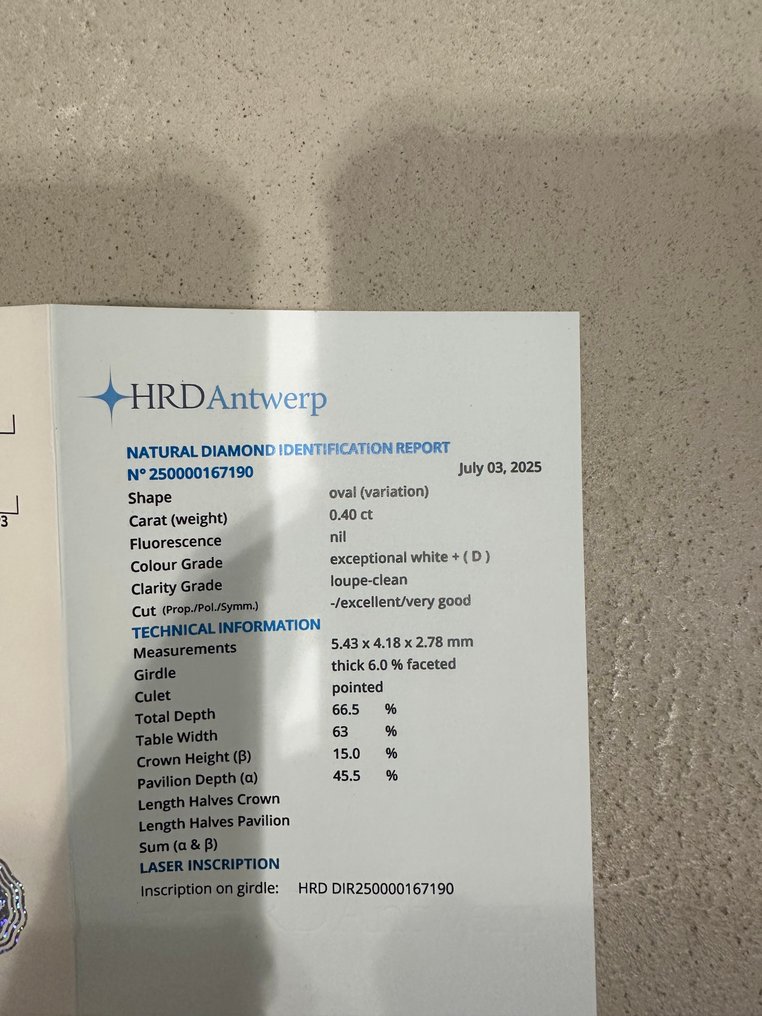 1 pcs 钻石 (天然) - 0.40 ct - 椭圆形 - D (无色) - IF - 比利时高阶层钻石议会 #4.3