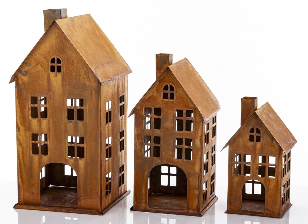 Karácsonyi dekorációk - 3 fémből készült ház lámpás - Fa #4.3