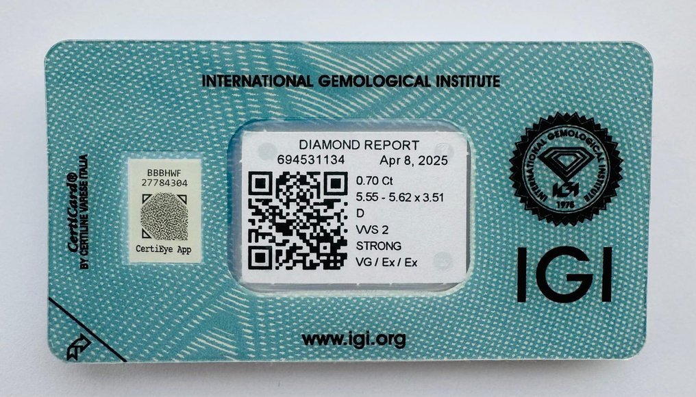 No reserve price - 1 pcs Diamond (Natural) - 0.70 ct - Round - D (colourless) - VVS2 - International Gemological Institute (IGI) - *VG EX* #1.0