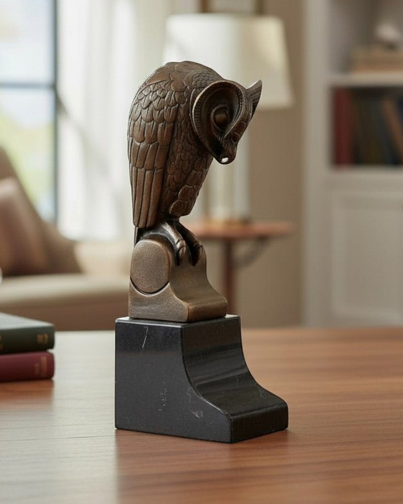 Joseph Mendes da Costa (1863-1939) - after - 雕刻, Owl in Art Deco style - 24 cm - 青銅色, 大理石 #1.0