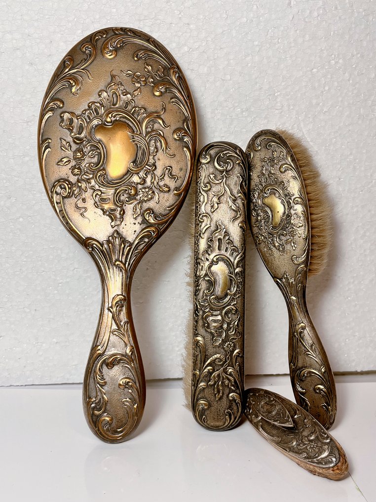 Dressing table set (4) - Toiletry set - Brass, Glass - Silvered Art Nouveau set #1.0