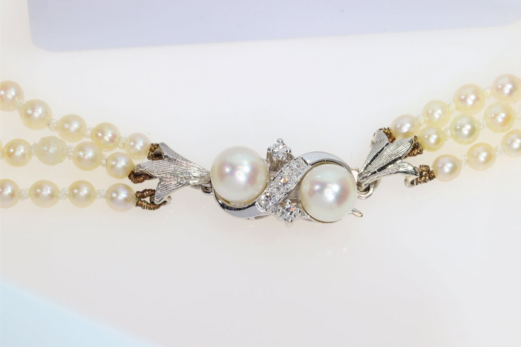 沒有保留價 - 頸鏈 - 18 克拉 白金 - 0.13ct. tw. 鉆石 (天然) - 珍珠 - 1960年经典 #3.2