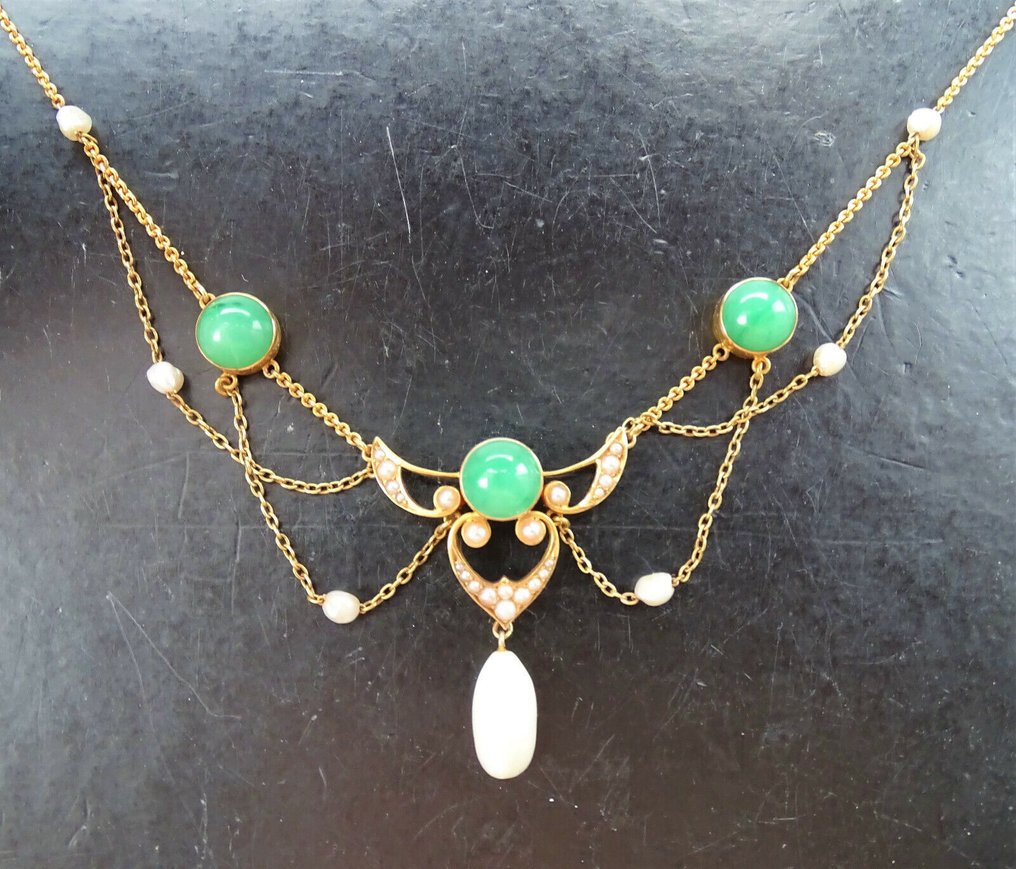 没有保留价 - 项链 - 14K包金 黄金 玉 - 珍珠 - Jugendstil Krementz 美国 #4.3