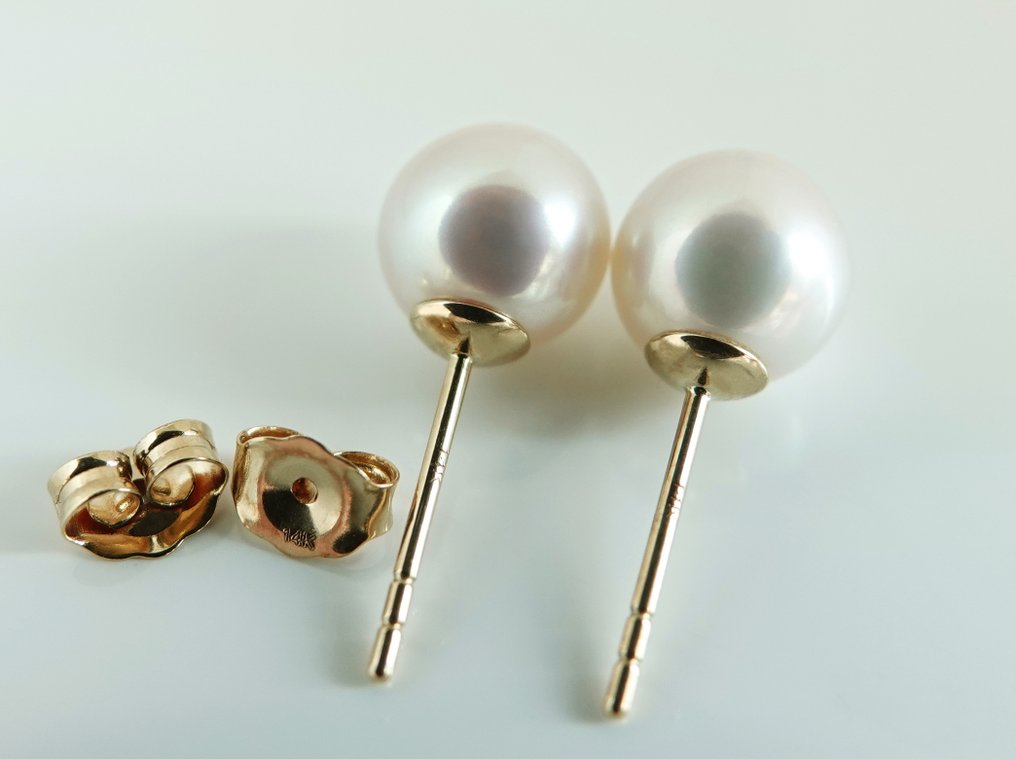 No reserve price - Earrings - 14 kt. Yellow gold Pearl - Akoya, Round, 7.5- 8 mm #2.1