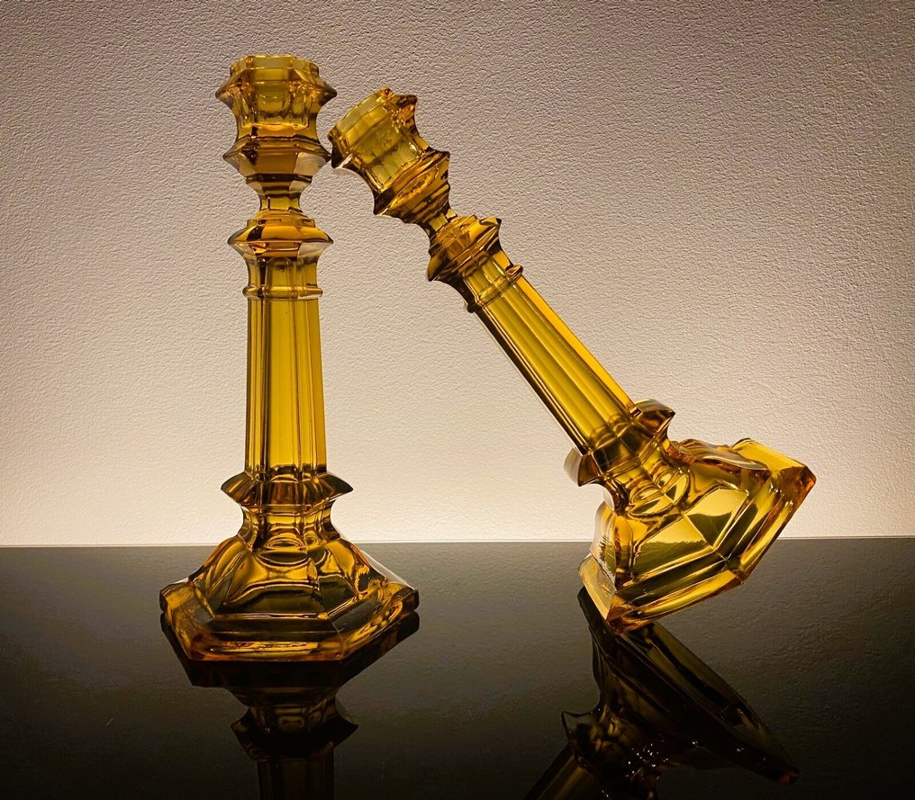 Val Saint Lambert - Taperstick - 'Côtes Plates' model - Amber color - 1935 catalog! (2) - Molded glass #2.1