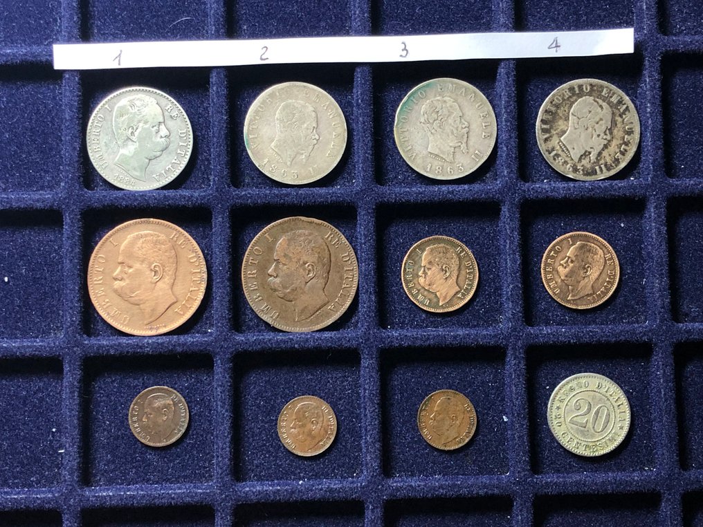 Italia, Regno Umberto I. Vittorio Emanuele II - Lotto 2 Lire Argento e Centesimi del Regno (totale 12 monete ) (Senza prezzo di riserva) #2.1