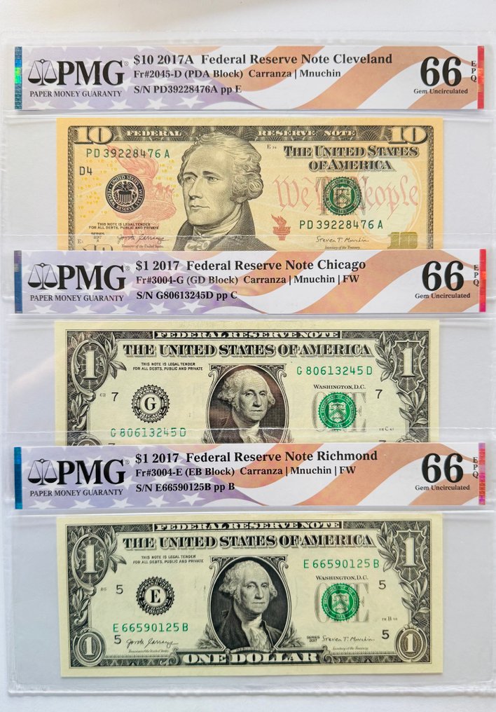 美国. - 3 banknotes - all graded 2017 - Fr # 2045-D / 3004-G / 3004-E  (没有保留价) #1.0