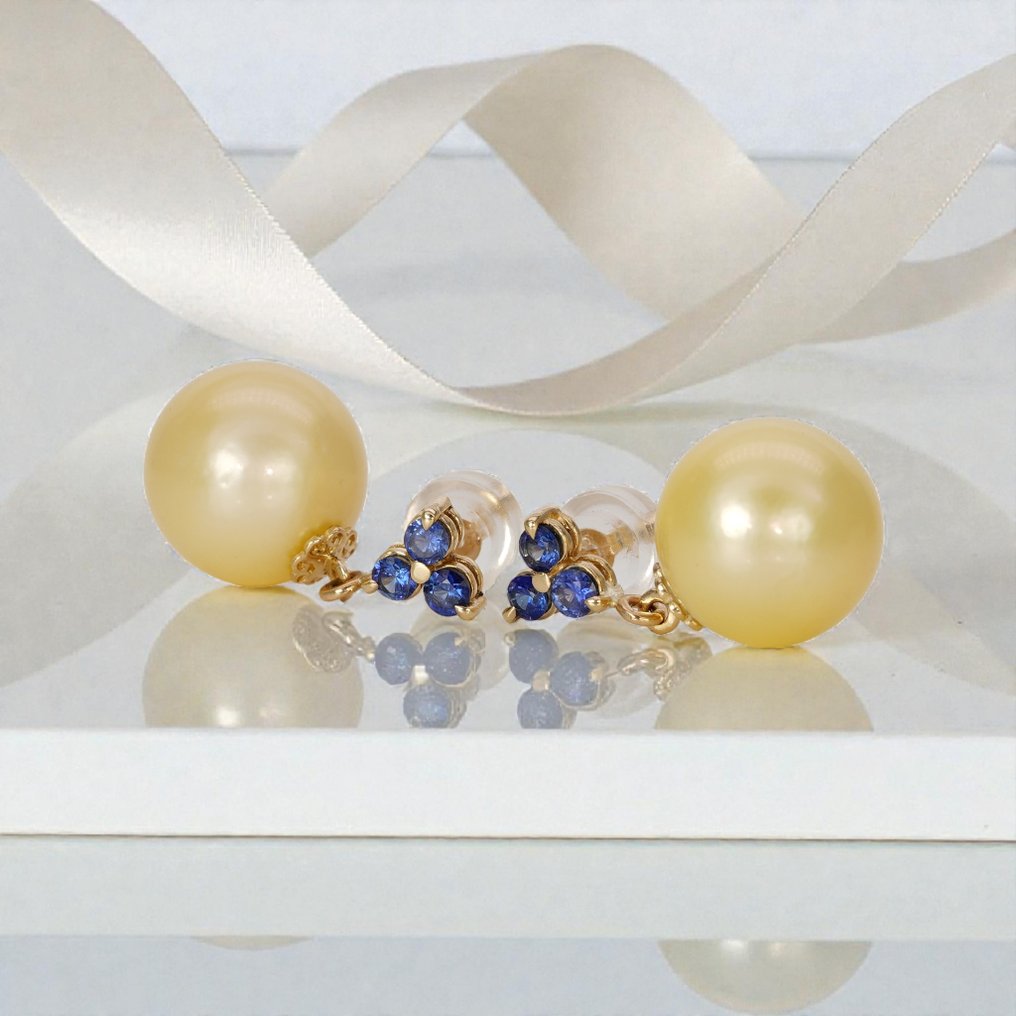 χωρίς τιμή ασφαλείας - Βραδινά σκουλαρίκια - 14 καράτια Κίτρινο χρυσό Ζαφείρι - Μαργαριτάρι - Ζαφείρια & Χρυσά SSP #4.3