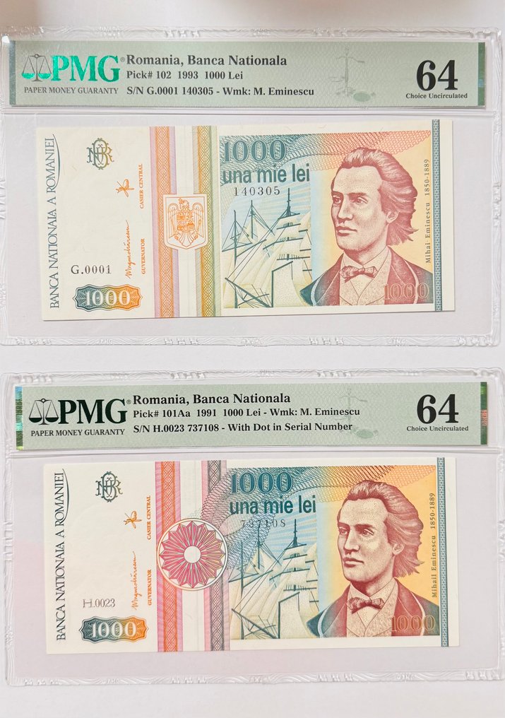 罗马尼亚. - 2 x 1000 Lei -1991/1993 - Pick 101Aa / 102 (没有保留价) #1.0