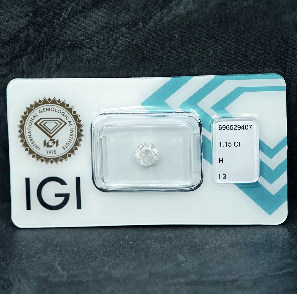 Zonder minimumprijs - 1 pcs Diamant  (Natuurlijk)  - 1.15 ct - Rond - H - I3 - International Gemological Institute (IGI) #1.0