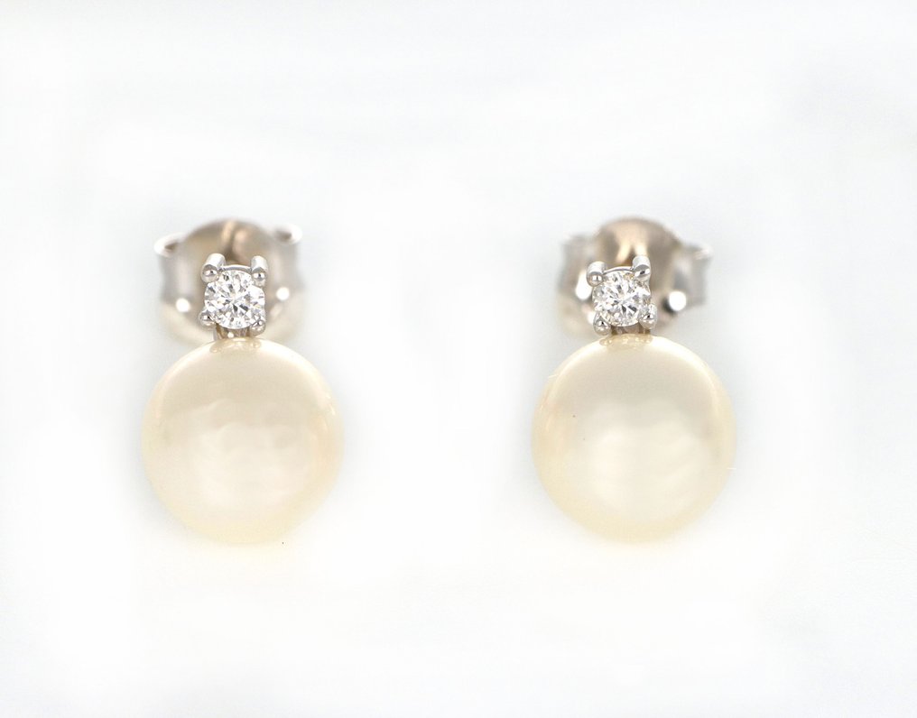 Zonder minimumprijs - Oorbellen - 18 karaat Witgoud - 0.10ct. tw. Diamant (Natuurlijk) - Parel #1.0