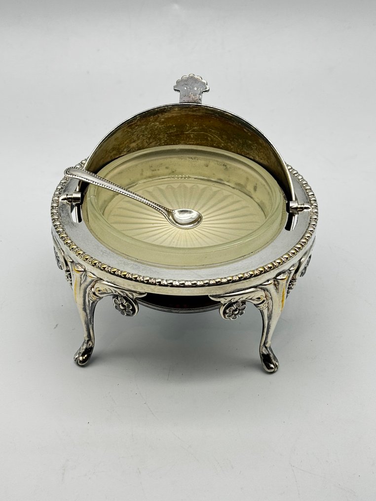 Antique Silver-Plated Caviar Serving Dish with Glass Insert and Hallmarked Sterling Silver Spoon – - Mantequillera (3) - .925 plata #1.0