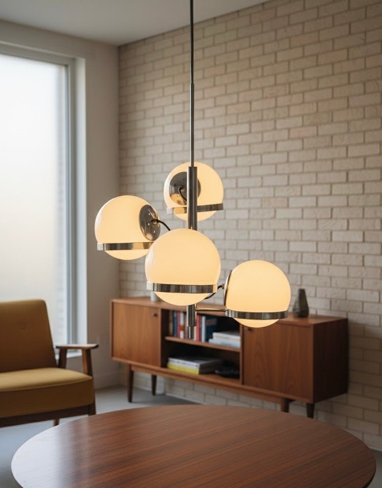 Κρεμαστό φωτιστικό - Γυαλί, Μέταλλο - Φωτιστικό Mid-Century - τέσσερις σφαίρες οπαλίνης #1.0