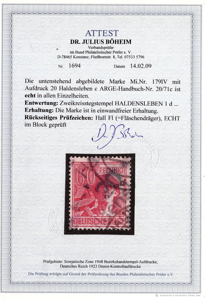 Occupation alliée - Allemagne (zone soviétique) 1948 - Timbre à main OPD Halle 60 centimes avec attestation. - Michel 179 IV #2.1