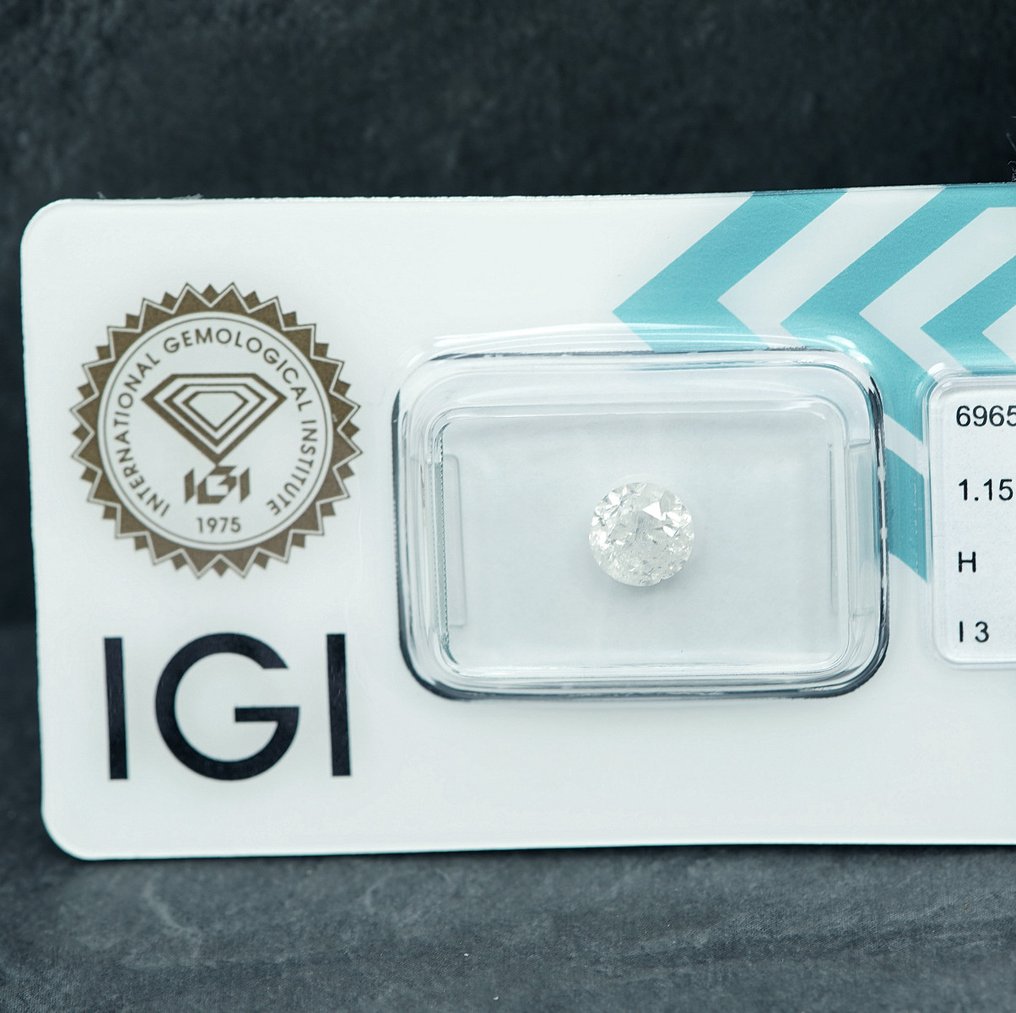 Zonder minimumprijs - 1 pcs Diamant  (Natuurlijk)  - 1.15 ct - Rond - H - I3 - International Gemological Institute (IGI) #3.2
