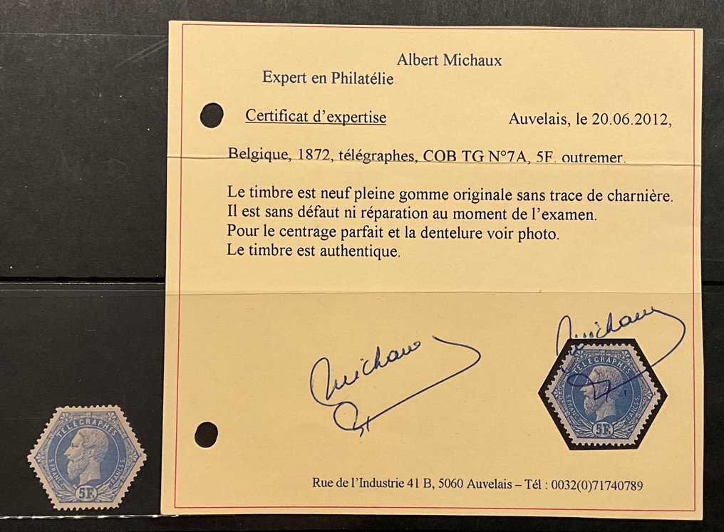 Belgique 1871 - Timbre de télégraphe - 5 francs BLEU - POSTFRIS - Avec certificat - OBP TG7A #1.0