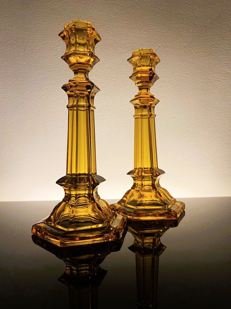 Val Saint Lambert - Taperstick - 'Côtes Plates' model - Amber color - 1935 catalog! (2) - Molded glass #1.0