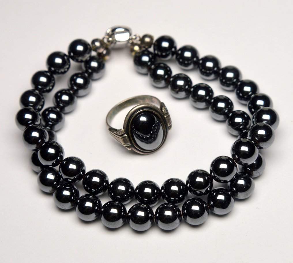 Conjunto de pulseira e anel em prata 925 com hematita preta - Conjunto de 2 peças de joalharia - 75g #1.0