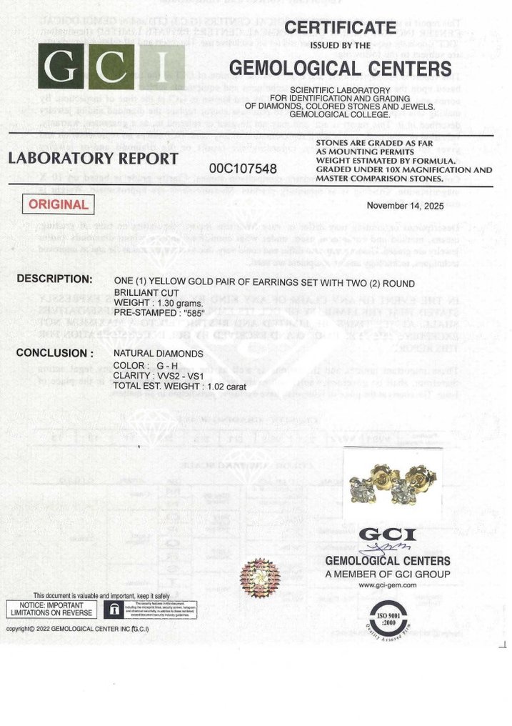 没有保留价 - 耳环 - 14K包金 黄金 -  1.02ct. tw. 钻石 (天然) #2.1