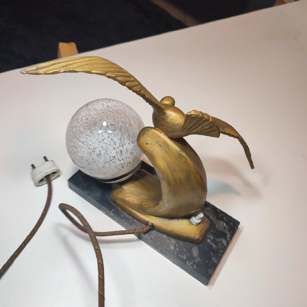 Signé BERJON - Επιτραπέζιο φωτιστικό - Μοντέλο Πουλί σε πτήση - Art Déco - Régule, γυαλί & μάρμαρο - Επιτραπέζια λάμπα #3.2