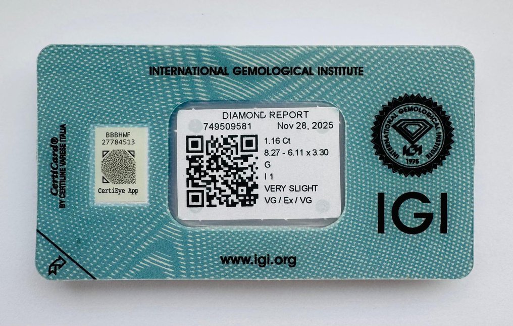 Ingen reservasjonspris - 1 pcs Diamant (Naturlig) - 1.16 ct - Oval - G - I1 - Det internasjonale gemologiske institutt (IGI) - *VG EX VSL* #1.0
