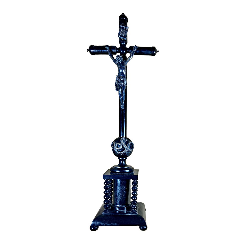  (十字架状)耶稣受难像 - 木, 镀银 - 1850-1900 - 漆黑木制十字架 - 64 厘米  #1.0