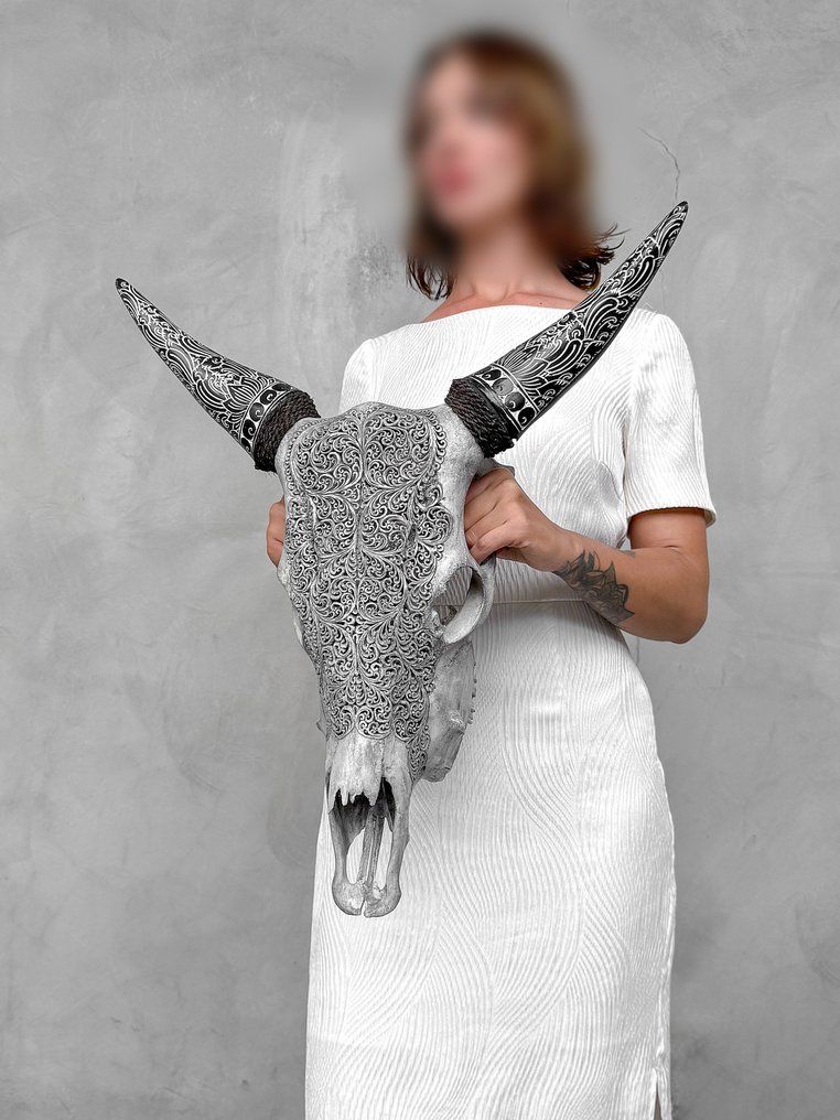 无底价 - 灰色牛头骨配波希米亚雕刻角 - 蕨叶图案 雕刻頭骨 - Bos Taurus - 58 cm - 55 cm - 17 cm- 非《瀕臨絕種野生動植物國際貿易公約》物種 -  (1) #1.0