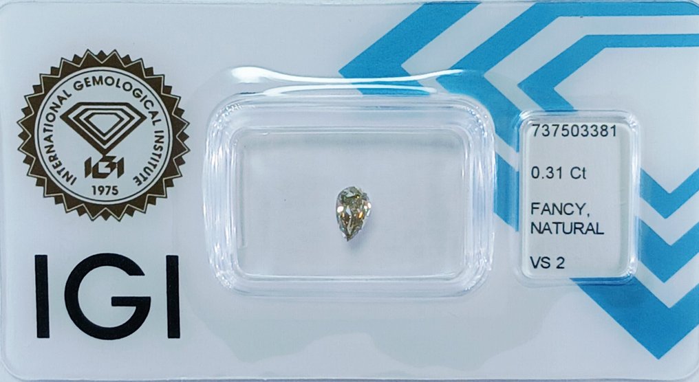 没有保留价 - 1 pcs 钻石  (天然色彩的)  - 0.31 ct - 梨形 - Fancy 绿色, 稍帶棕色的 黄色 - VS2 轻微内含二级 - 国际宝石研究院（IGI） #1.0