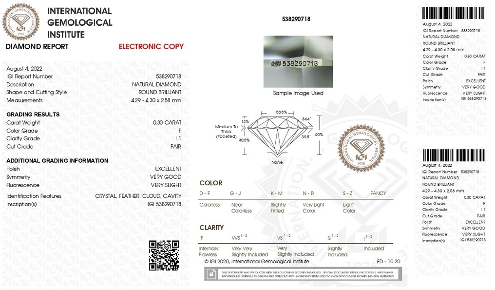 1 pcs Diamond  (Natural)  - 0.30 ct - Round - F - I1 - International Gemological Institute (IGI) #4.3