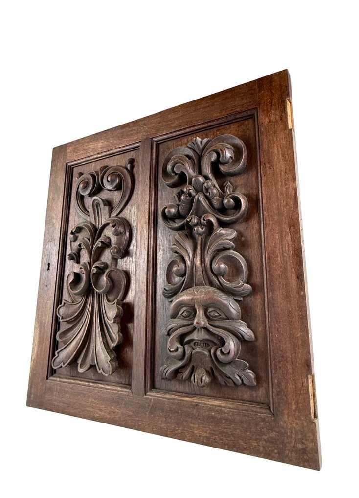 墙面装饰 - “Mascarón”，雕塑怪异像，52 x 52 厘米。 - 西班牙 - 古董面板，旧门 #3.2