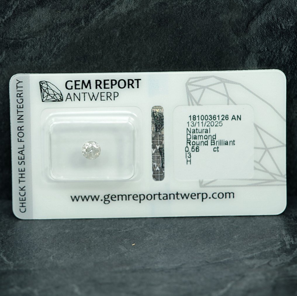 没有保留价 - 1 pcs 钻石 (天然) - 0.56 ct - 圆形 - H - I3 - 安特卫普宝石报告(GRA) #1.0