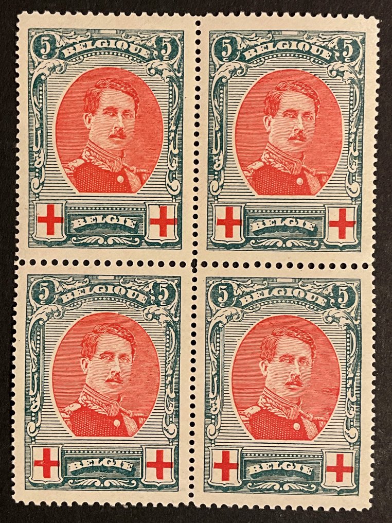 Belgium 1915 - Emission Albert I Red Cross - Additional perforation 12 x 14 - 5c Green in block of 4 - POSTFRIS - OBP 132A #1.0