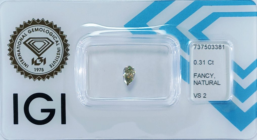 没有保留价 - 1 pcs 钻石  (天然色彩的)  - 0.31 ct - 梨形 - Fancy 绿色, 稍帶棕色的 黄色 - VS2 轻微内含二级 - 国际宝石研究院（IGI） #2.1