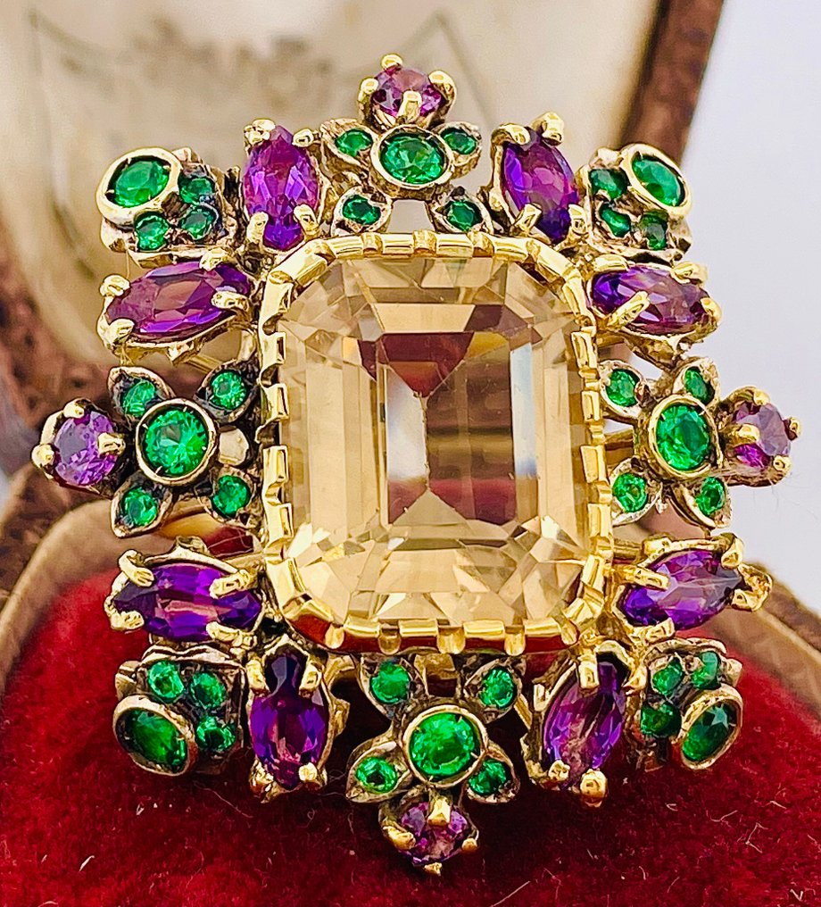 Ingen mindstepris - Ring - 9 kt. Gulguld, Sølv Kvarts - Smaragd #4.3