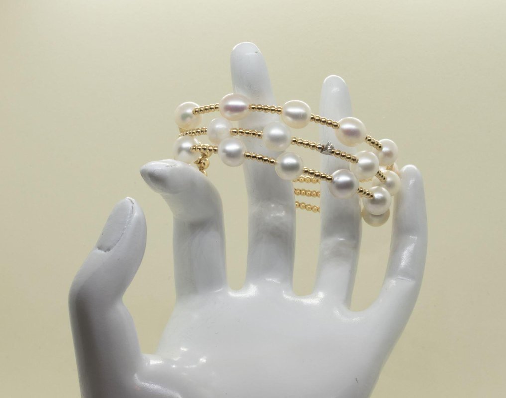 Βραχιόλι - 18 καράτια Κίτρινο χρυσό, Λευκός χρυσός -  0.04ct. tw. Διαμάντι (Φυσικό)  - Μαργαριτάρι #3.2