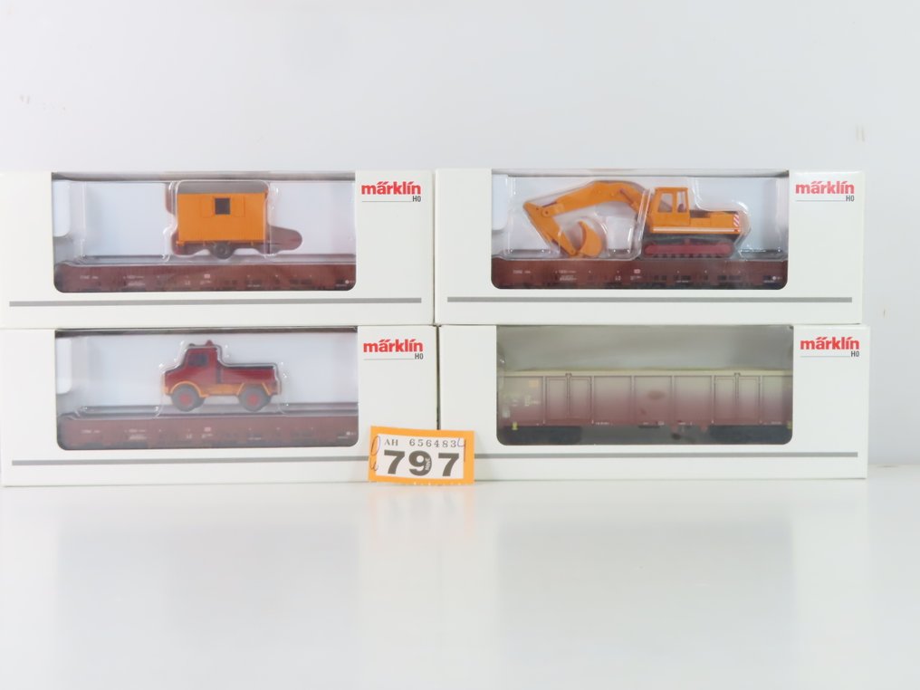 Märklin H0 - 00753-20/02/14/08 - Pienoisjunaradan tavaravaunu (4) - 4x 2/4-akselisia tavaravaunuja, 4-akselinen korkea avoin lava-auto ja 2-akselisia rongenvaunuja - DB #2.1