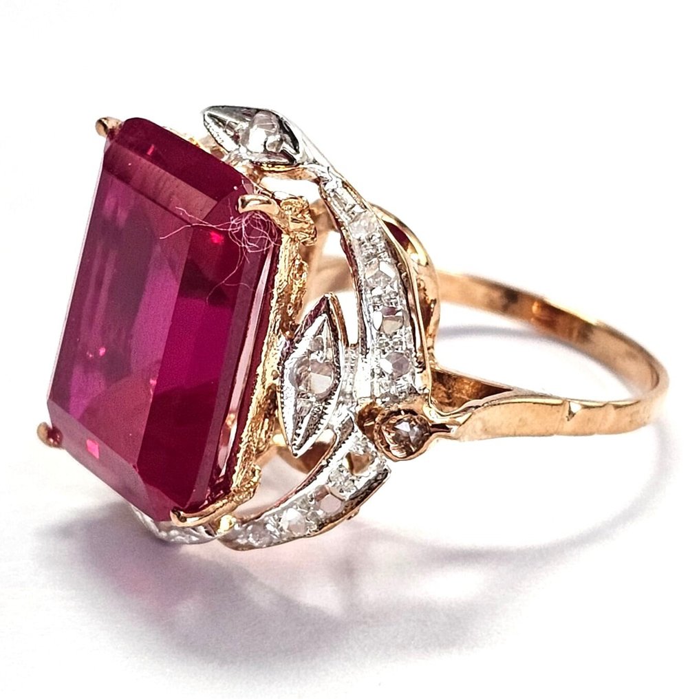 Fără preț de rezervă - Inel - 9 kt. Aur galben, Argint Rubin - Diamant #2.1