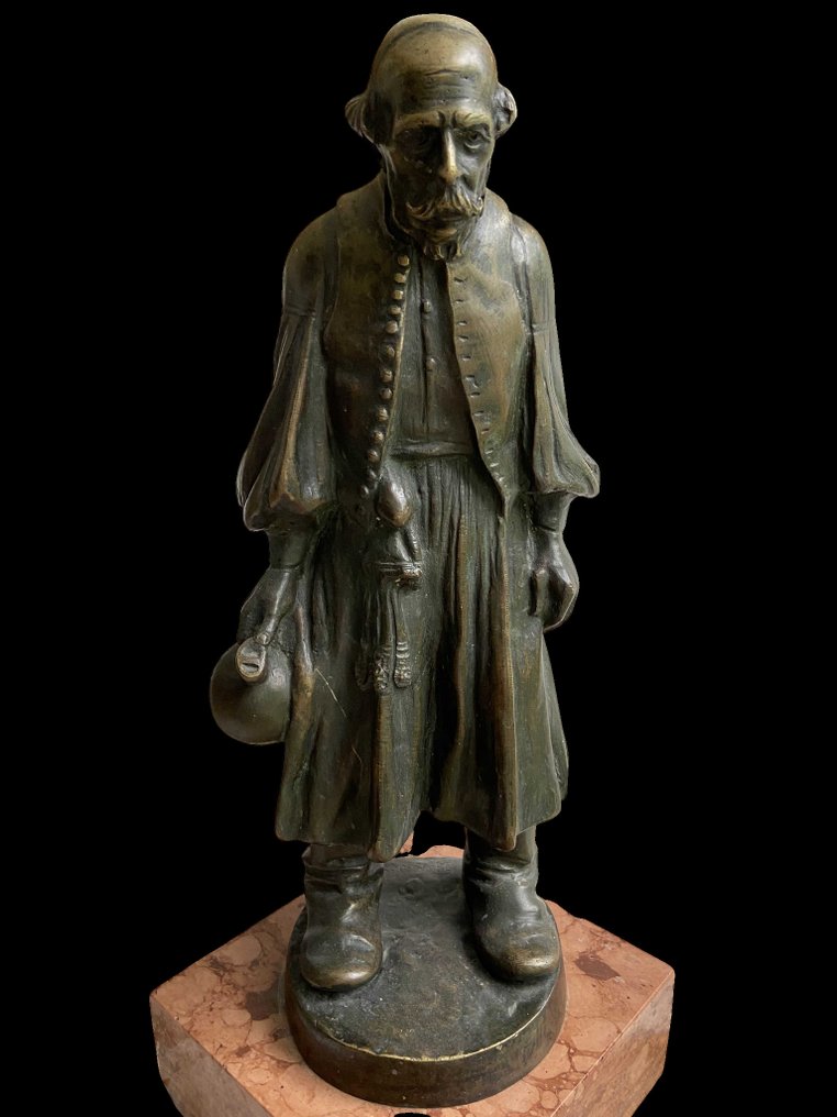 János László Beszédes (1874-1922) - Statue, Peasant with jug - 45 cm - Bronze, Marmor #1.0