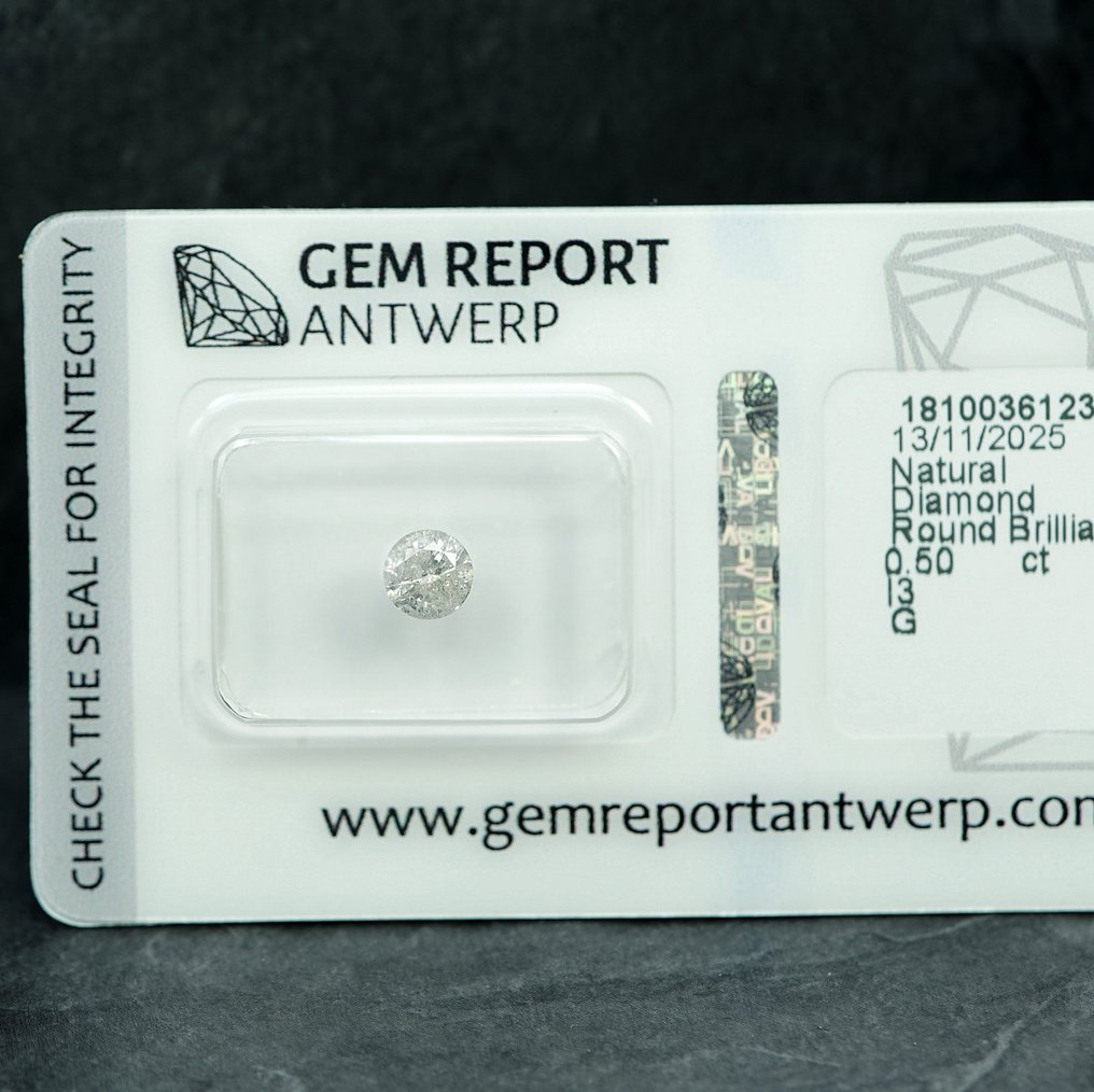 Zonder minimumprijs - 1 pcs Diamant  (Natuurlijk)  - 0.50 ct - Rond - G - I3 - Gem Report Antwerp (GRA) #4.3