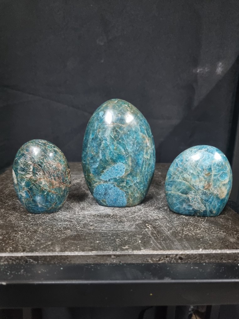Set di 3 sculture di apatite HQ - 10,2 - 6,5 cm Forma libera- 1022 g #1.0