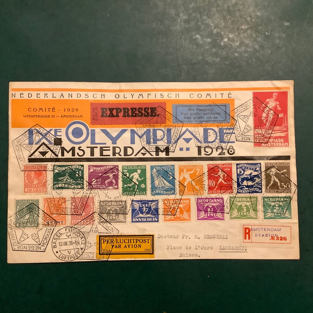 Holland 1928 - Olympiske spil: brev fra komitéen til Schweiz med fuld emission OS og Wilhelmina. - NPVH #1.0