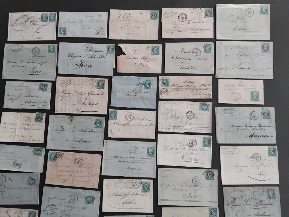 Franciaország 1862 - Bélyeggyűjtemény 50 klasszikus levélre, úgynevezett 'kék' típus, Napóleon típus, 20 centes kék, - Typte , Teinte & Oblitérations ,Yvert n°22 , Voir photos & déscriptif. #2.1