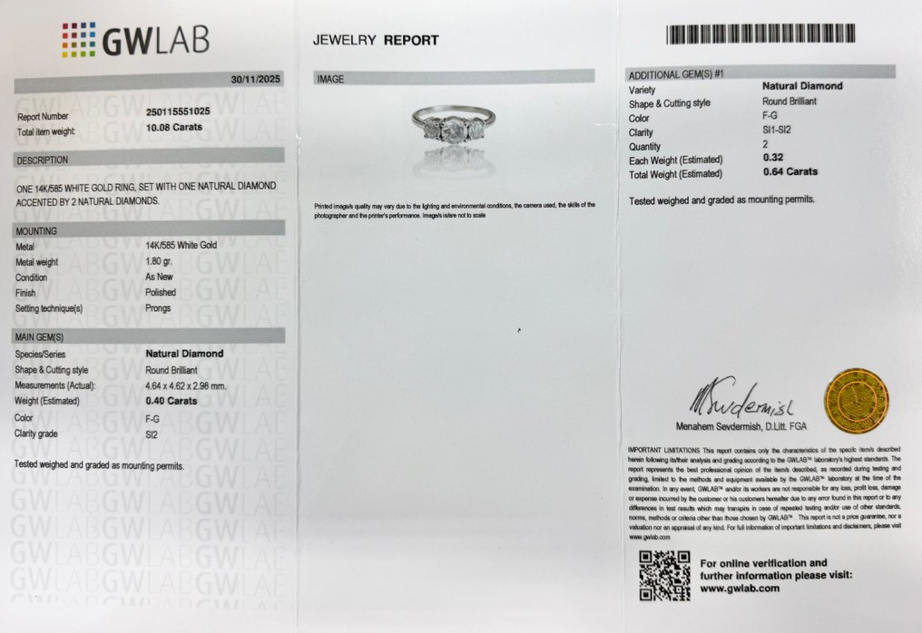 Zonder minimumprijs - Ring - 14 karaat Witgoud - 1.04ct. tw. Diamant (Natuurlijk) - Diamant - F-G / F-G kleur SI2 / SI1-SI2 #2.1