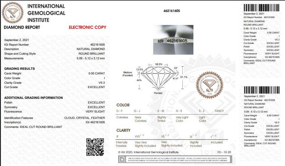 χωρίς τιμή ασφαλείας - 1 pcs Διαμάντι (Φυσικό) - 0.50 ct - Στρογγυλό - I - VS2 - International Gemological Institute (IGI) #2.1